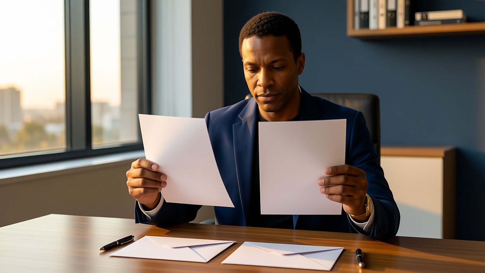 A man at an office table holds two blank letters side by side as if comparing two job offers, with envelopes and a pen on the table.