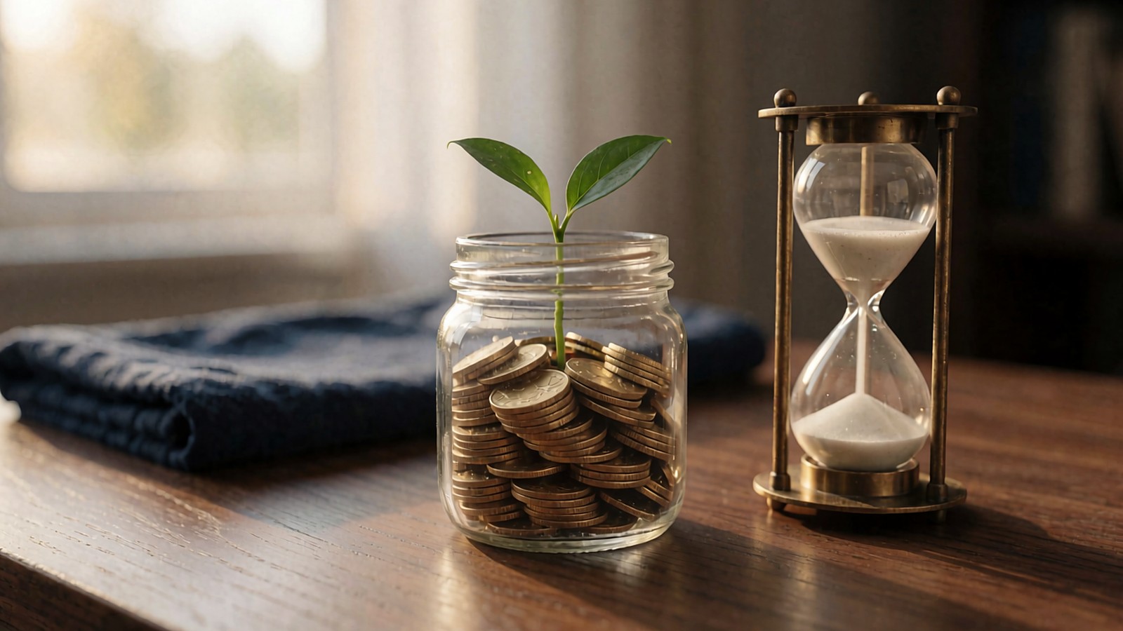 A glass jar of stacked gold coins with a small green sprout growing from it, next to an hourglass on a wood desk, symbolizing money compounding over time.