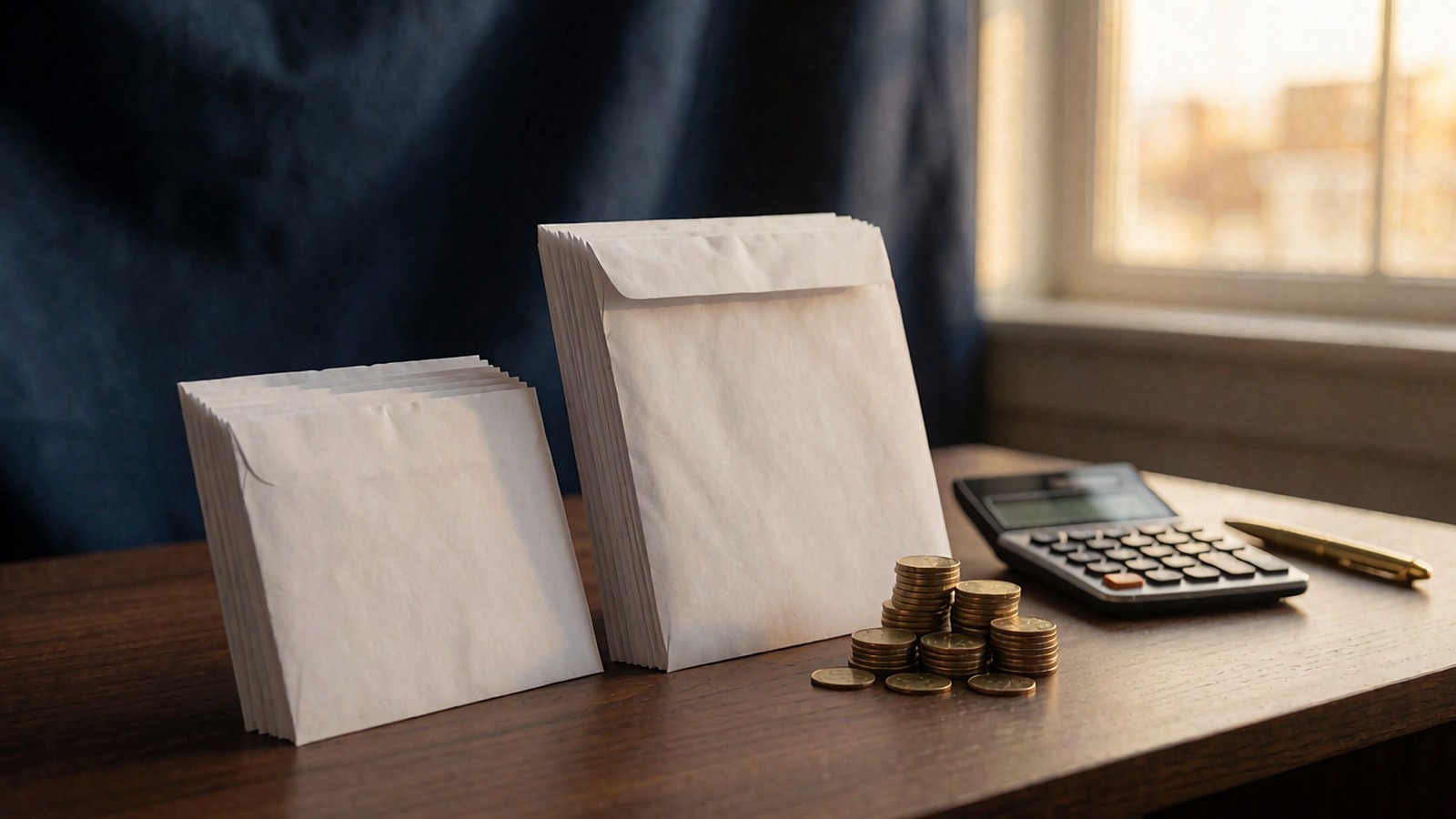 Two stacks of plain envelopes of different sizes next to a small pile of coins and a calculator, representing two debts being compared.