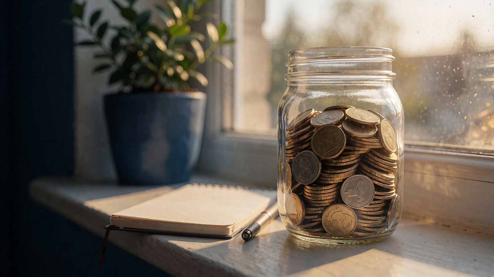A glass jar full of coins on a sunlit windowsill next to a blank notebook, pen and a potted plant.