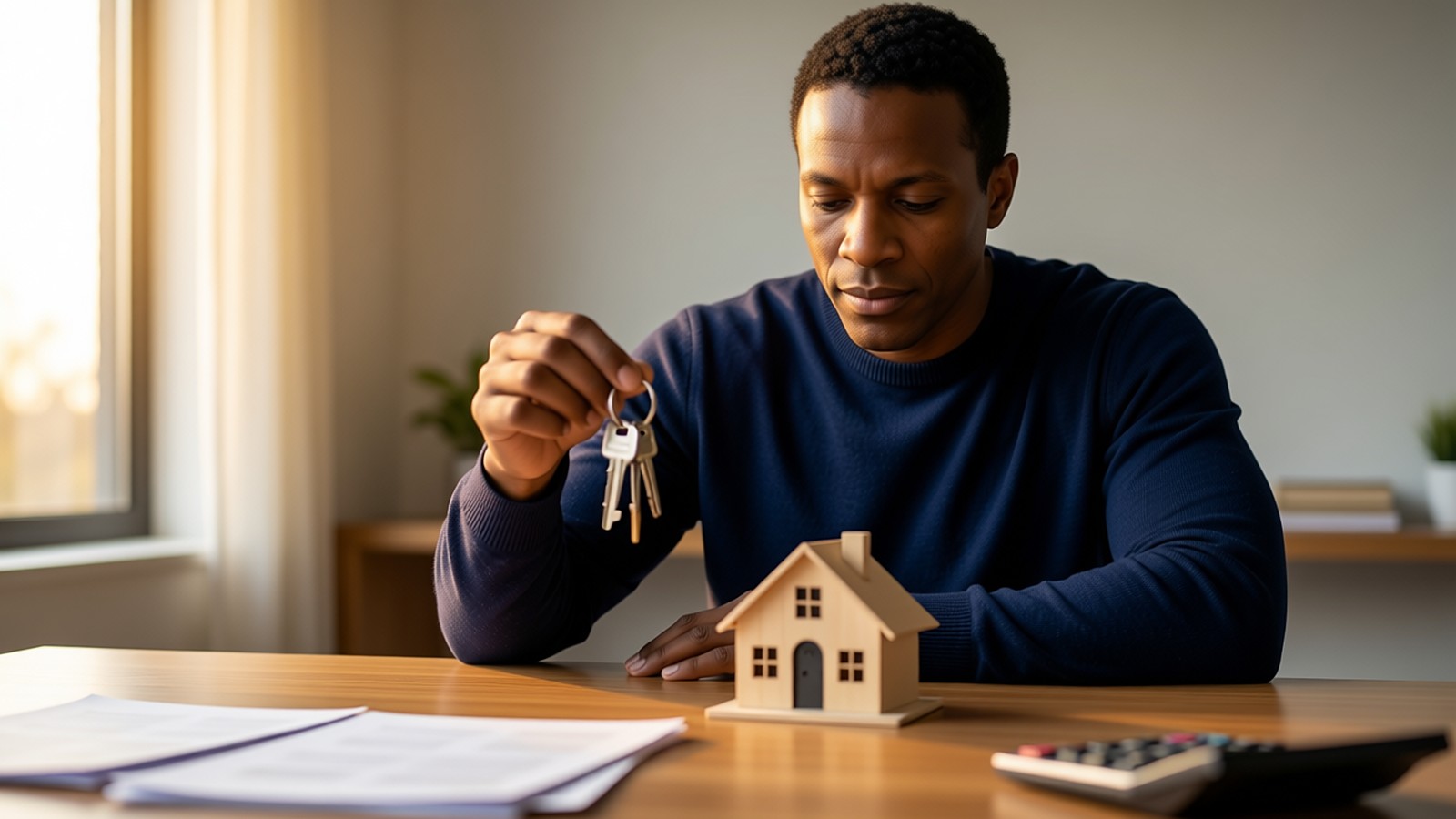 A man at a desk holds a set of house keys and looks at a small wooden model house, with papers and a calculator nearby.