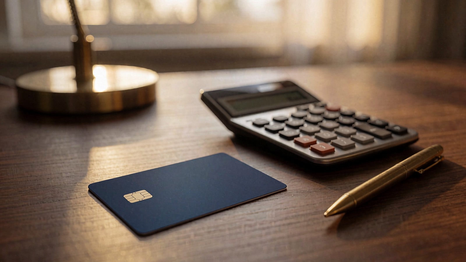 A plain navy credit card on a desk next to a blurred blank bill, a calculator and a pen.
