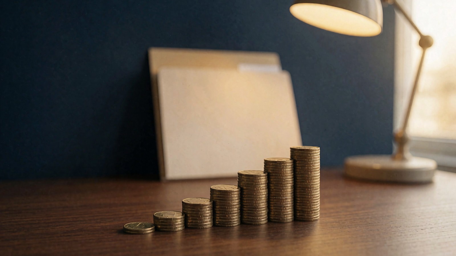 A small ascending staircase made of stacked gold coins on a desk, next to a blank folder and a desk lamp, representing a small savings increase growing.