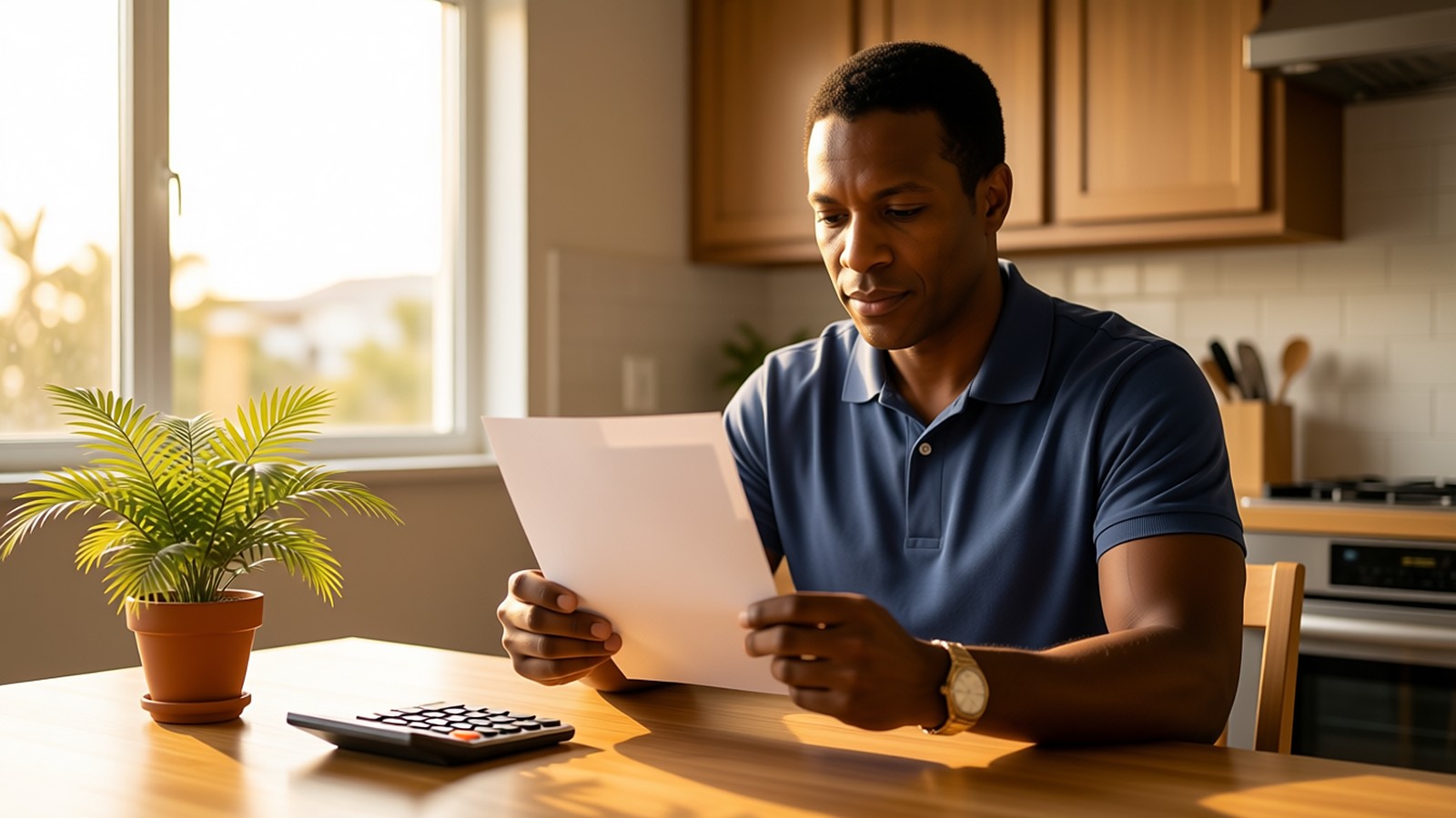 A man at a sunlit kitchen table looks at a blank pay-stub-style paper next to a calculator and a small potted palm plant.